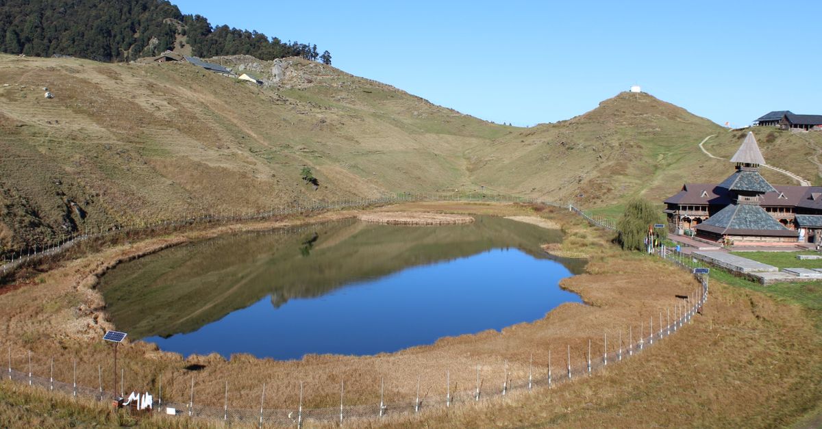 Aerial view of Prashar Lake and temple in Mandi district, Himachal Pradesh