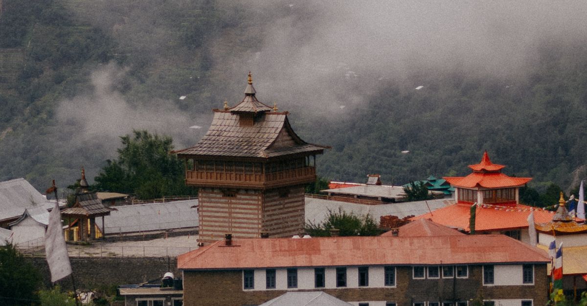 Misty mountain townscape in Reckong Peo, Himachal Pradesh