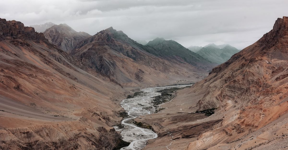 Rugged mountains and river in Spiti Valley, Himachal Pradesh
